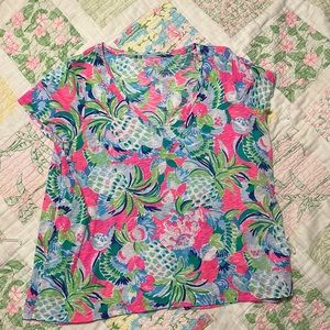 Lilly Pulitzer Etta V-Neck Cotton Hot Pink T-shirt